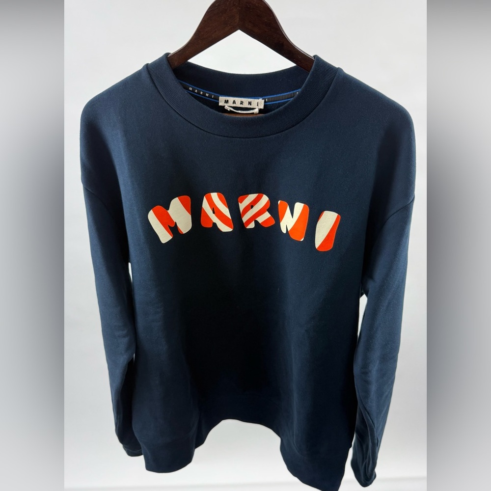 Marni Men's Dark Blue Crewneck Sweater with Logo